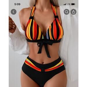 NWT ~ Red & Black Colorful Multistripe Bikini 2pc Swimsuit ~ Women's Size SMALL